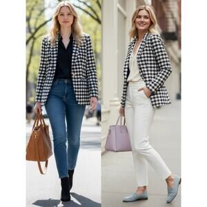 NWT J. CREW BLAZER JACKET 2 WOOL BLACK WHITE GOLD GINGAM PLAID ACADEMIA PREPPY